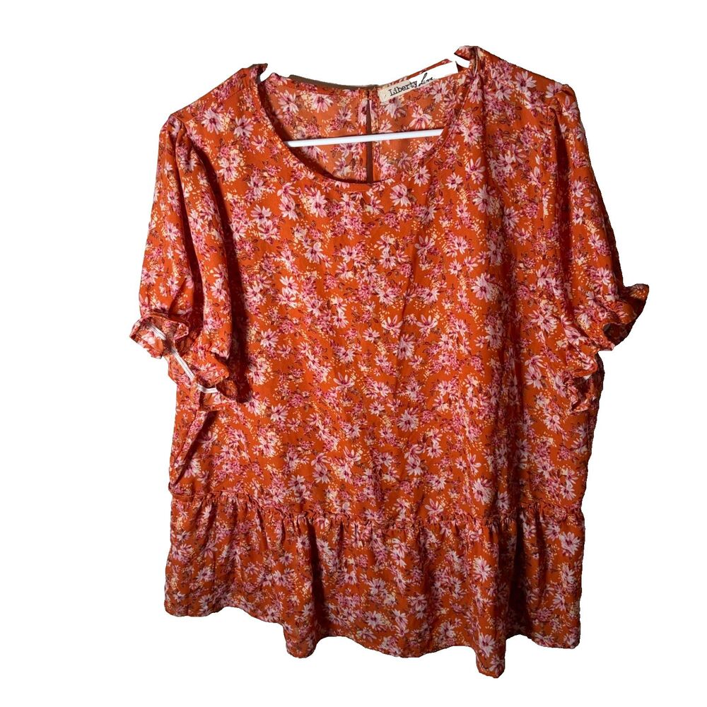 Liberty Love Blouse Women's 2XL Orange Short Sleeve Floral Lightweight